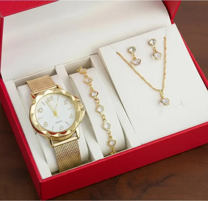 Relógio Feminino+ Kit Colar Brincos Pulseira Folheado A Ouro