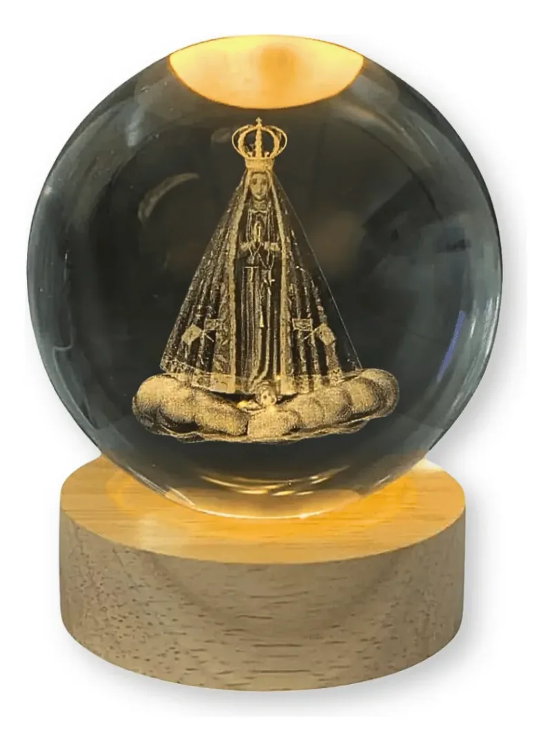 Luminária Abajur Mesa Base Madeira Bola Cristal 3d Led