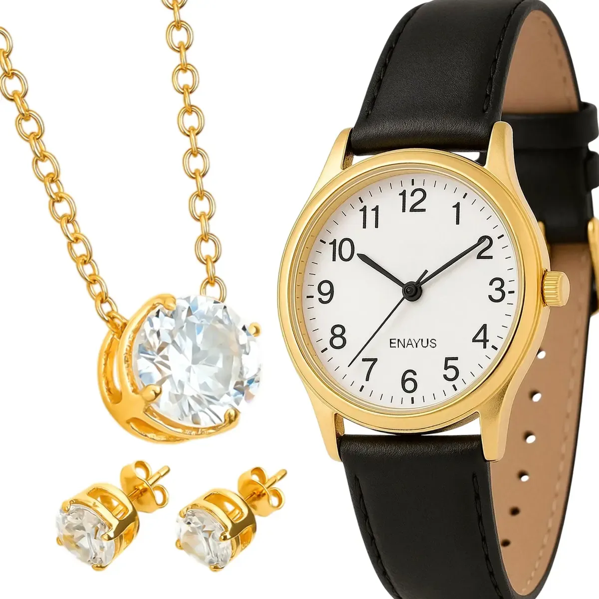 Relógio Feminino Em Couro Luxo Moda Colar E Brincos Original