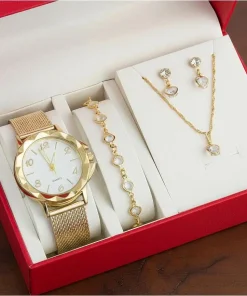 Relógio Feminino+ Kit Colar Brincos Pulseira Folheado A Ouro