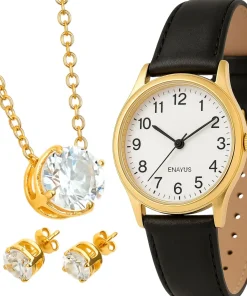 Relógio Feminino Em Couro Luxo Moda Colar E Brincos Original