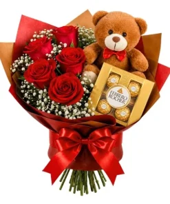 Ramalhete De 5 Rosas Vermelhas Com Pelúcia E Chocolate